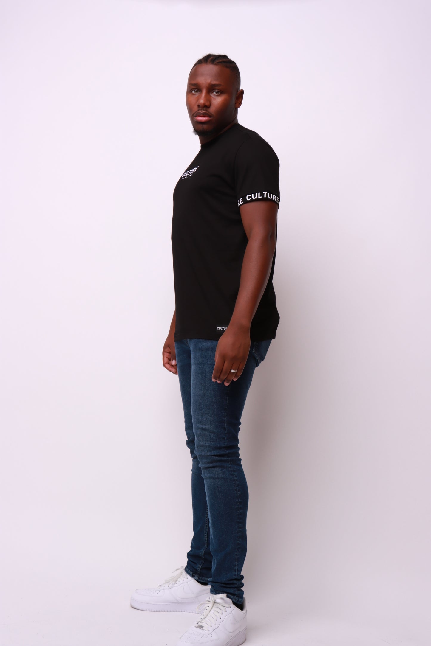 Cultureclothing chest and arm taped logo on black regular t-shirt designed using the finest cotton by Culture Clothing UK