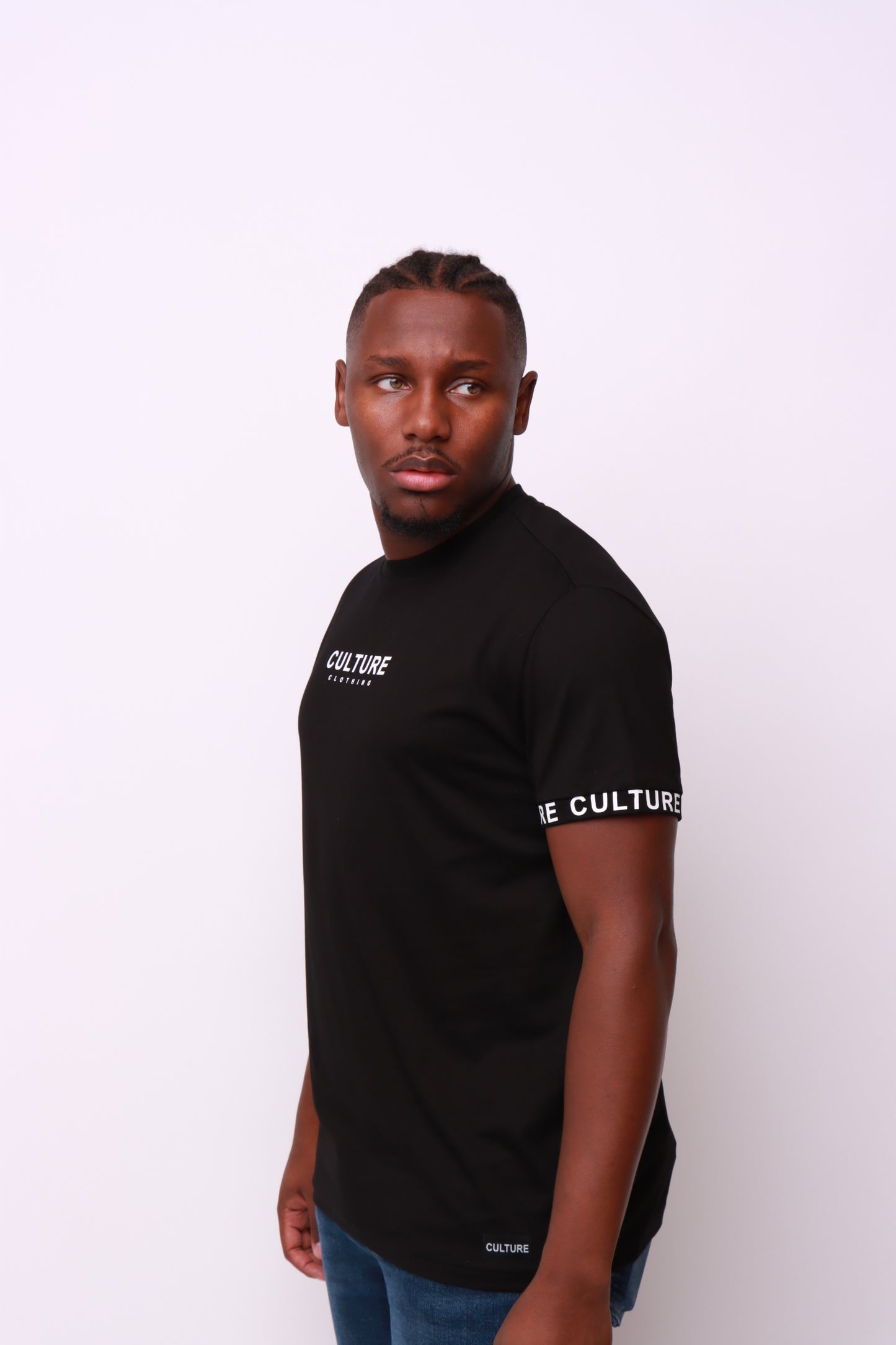 Cultureclothing chest and sleeves logo on black regular t-shirt designed using the finest cotton by Culture Clothing UK