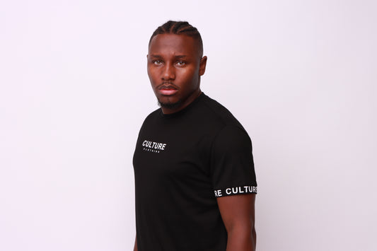 Cultureclothing chest and sleeves logo on black regular t-shirt designed using the finest cotton by Culture Clothing UK