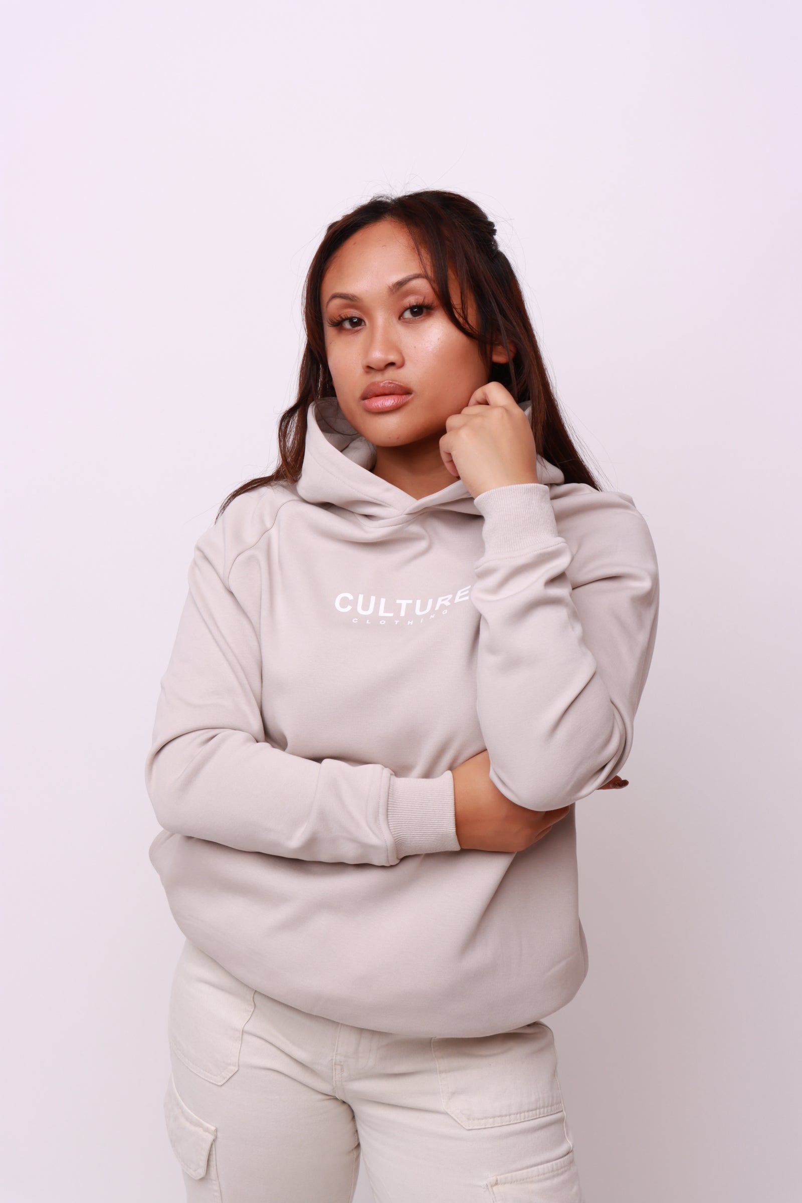 This is a Unisex Luxury Brand Taupe Hoodie with CultureClothing Logo, sold by DressedbyCulture